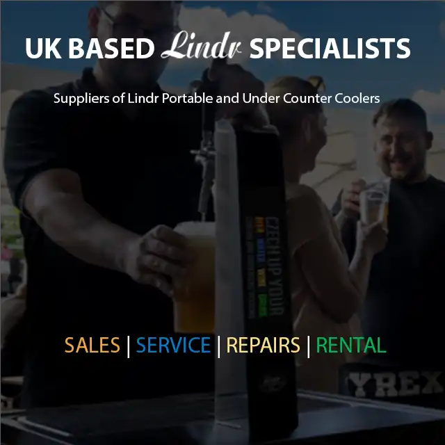 Beverage Cooling Company banner for mobile showing new Lindr Combo 50 with man pouring a beer heading says Suppliers of Lindr Portable and Under Counter Coolers