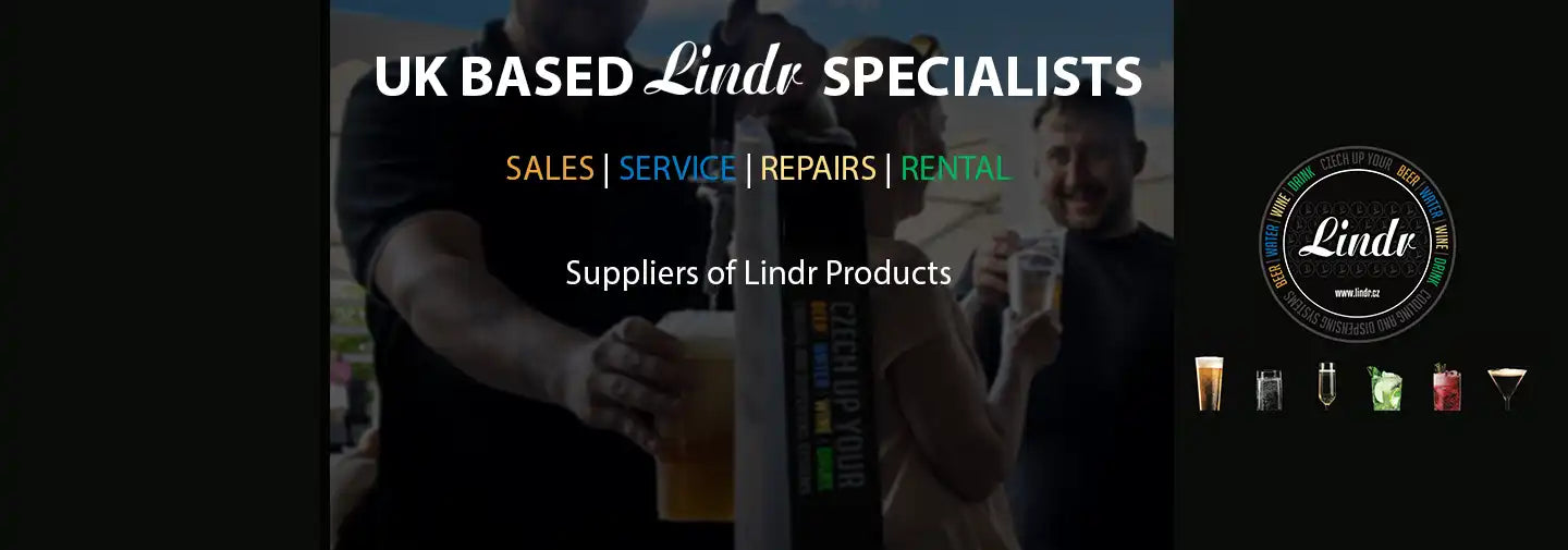Beverage Cooling Company banner for desktop showing man pouring beer from a Lindr font and couple drinking banner say Supplier of Lindr Products