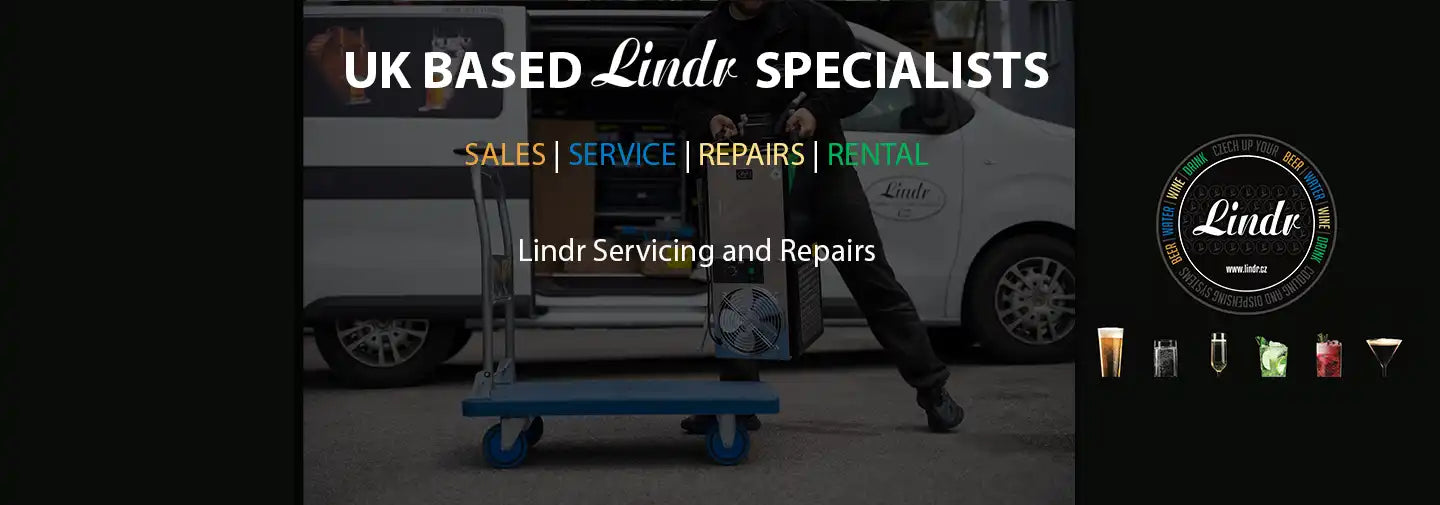 Beverage Cooling Company banner for desktop showing van and man loading Lindr beer cooler onto trolly banner reads Lindr Servicing and Repairs