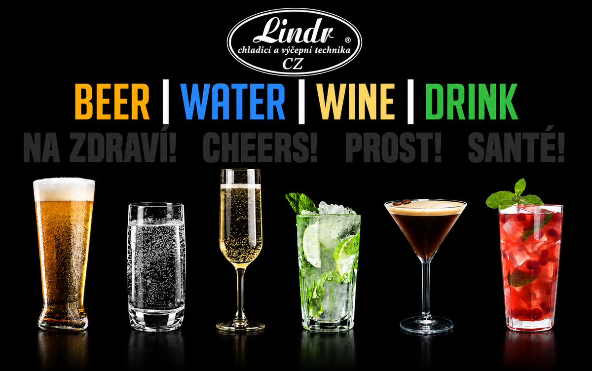 Promotional graphic with the Lindv logo at the top and the words 'BEER | WATER | WINE | DRINK' above six cocktails and drinks shown on a black background.